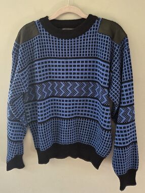 Vintage JON1E Leather Patch Knit Sweater Mens Blue Geometric Pullover Size L